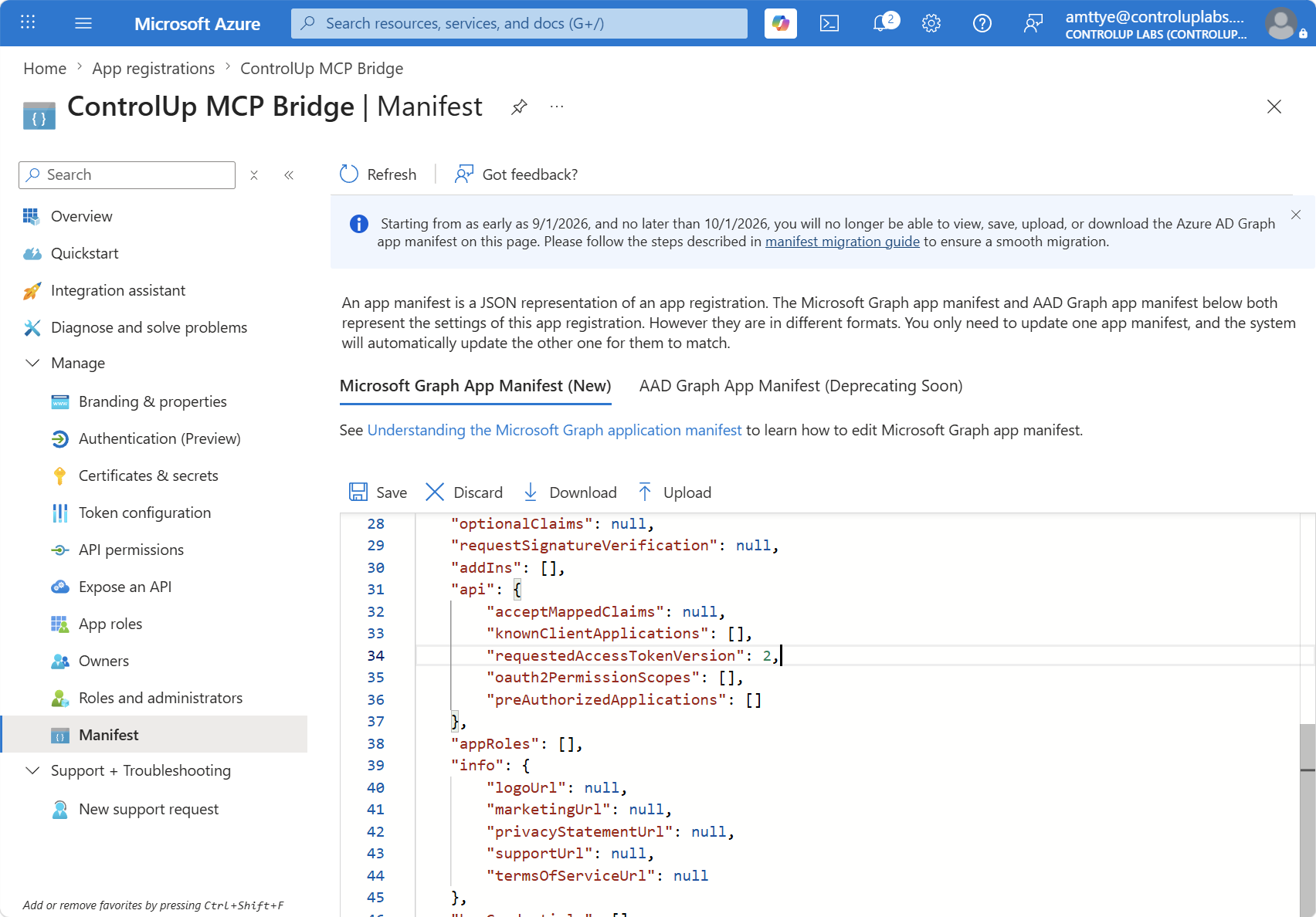 Manifest with requestedAccessTokenVersion set to 2
