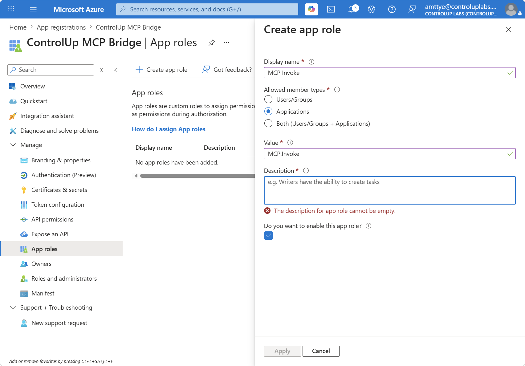 Creating the MCP.Invoke app role