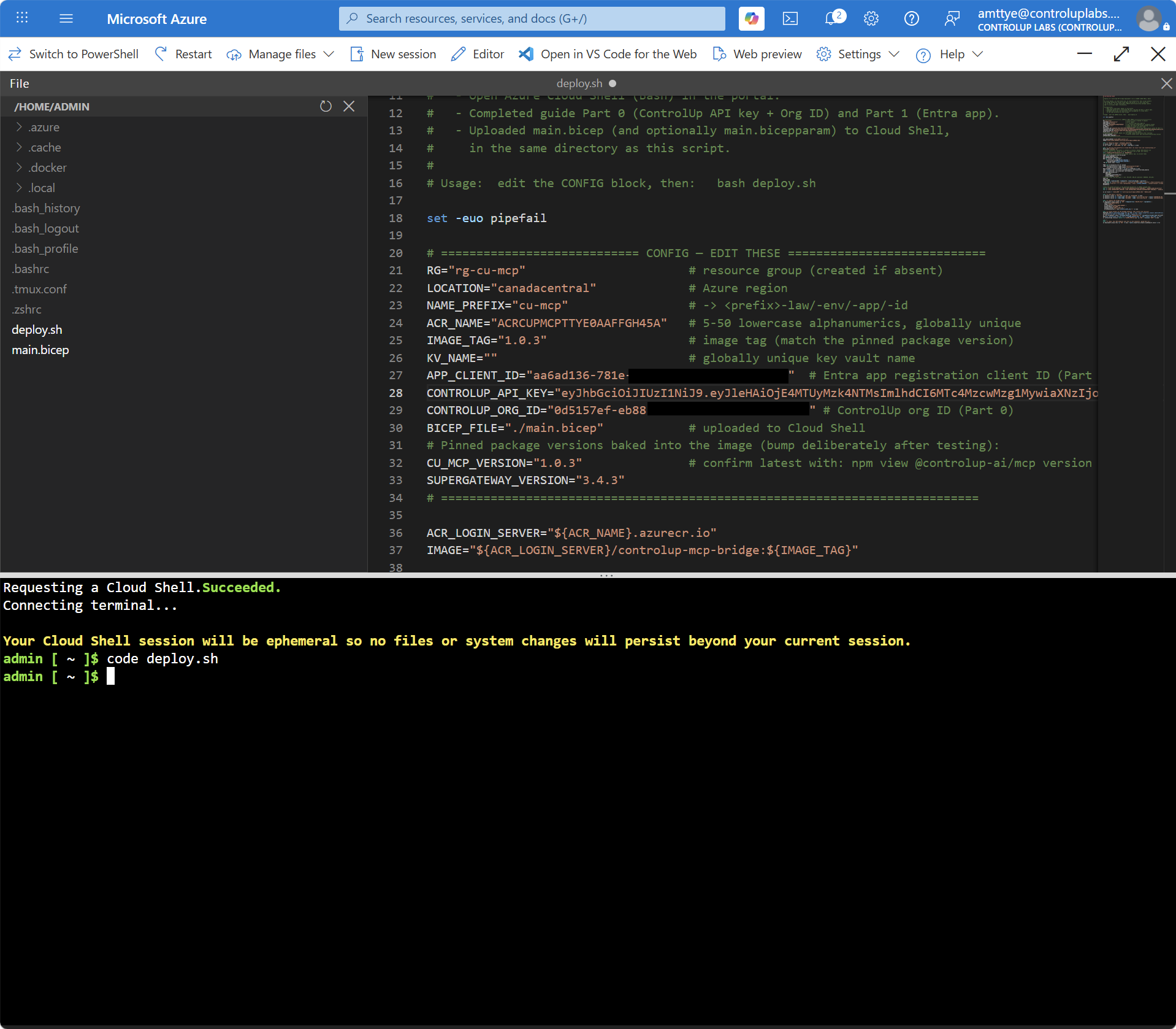 Editing deploy.sh CONFIG in the Cloud Shell editor
