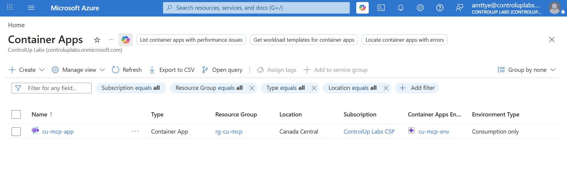 Container App running in Azure
