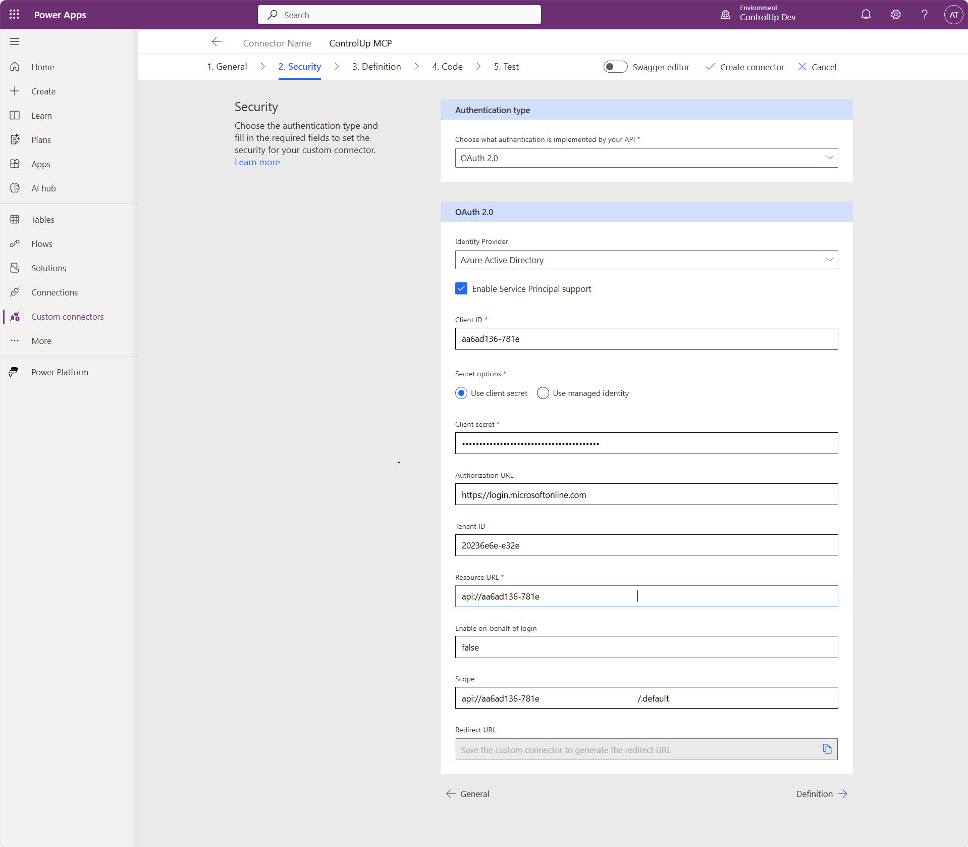 Connector Security tab with Service Principal support enabled