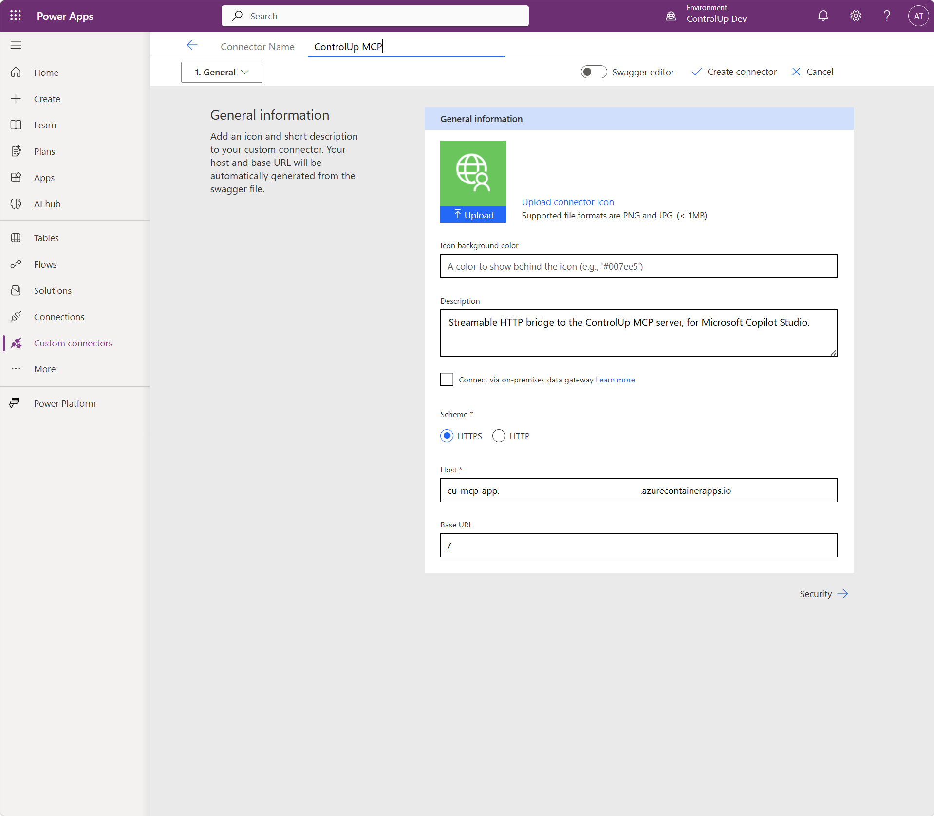 Connector General tab after import, host auto-filled