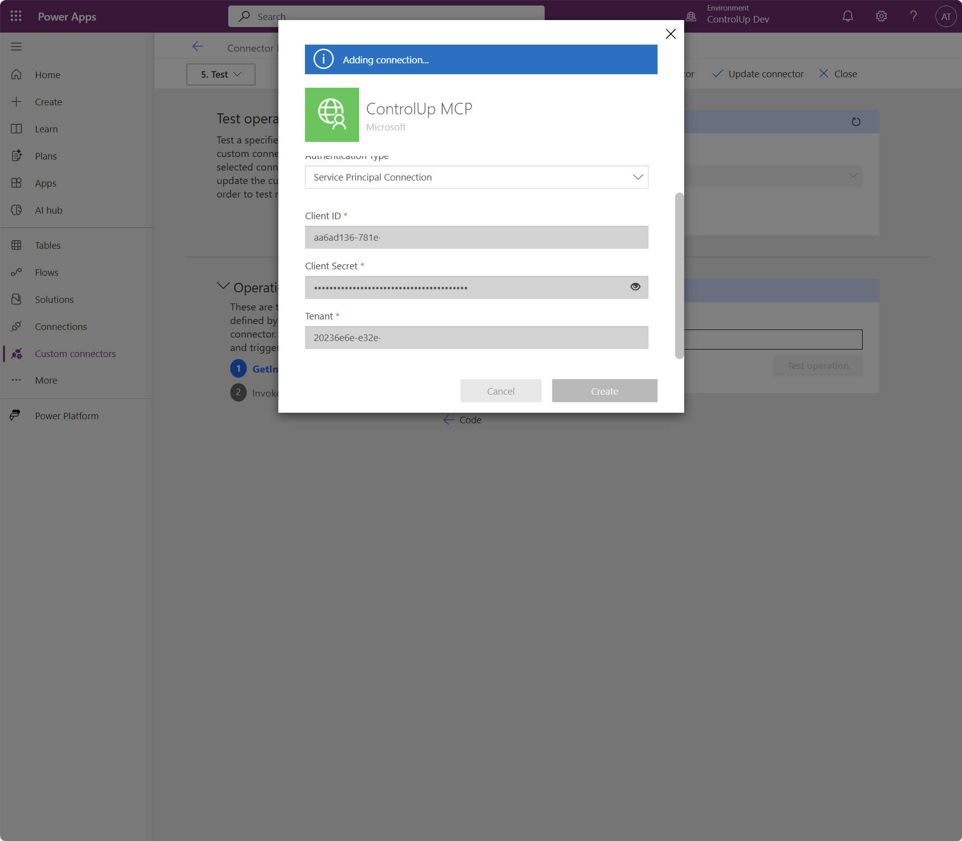 Service Principal Connection dialog