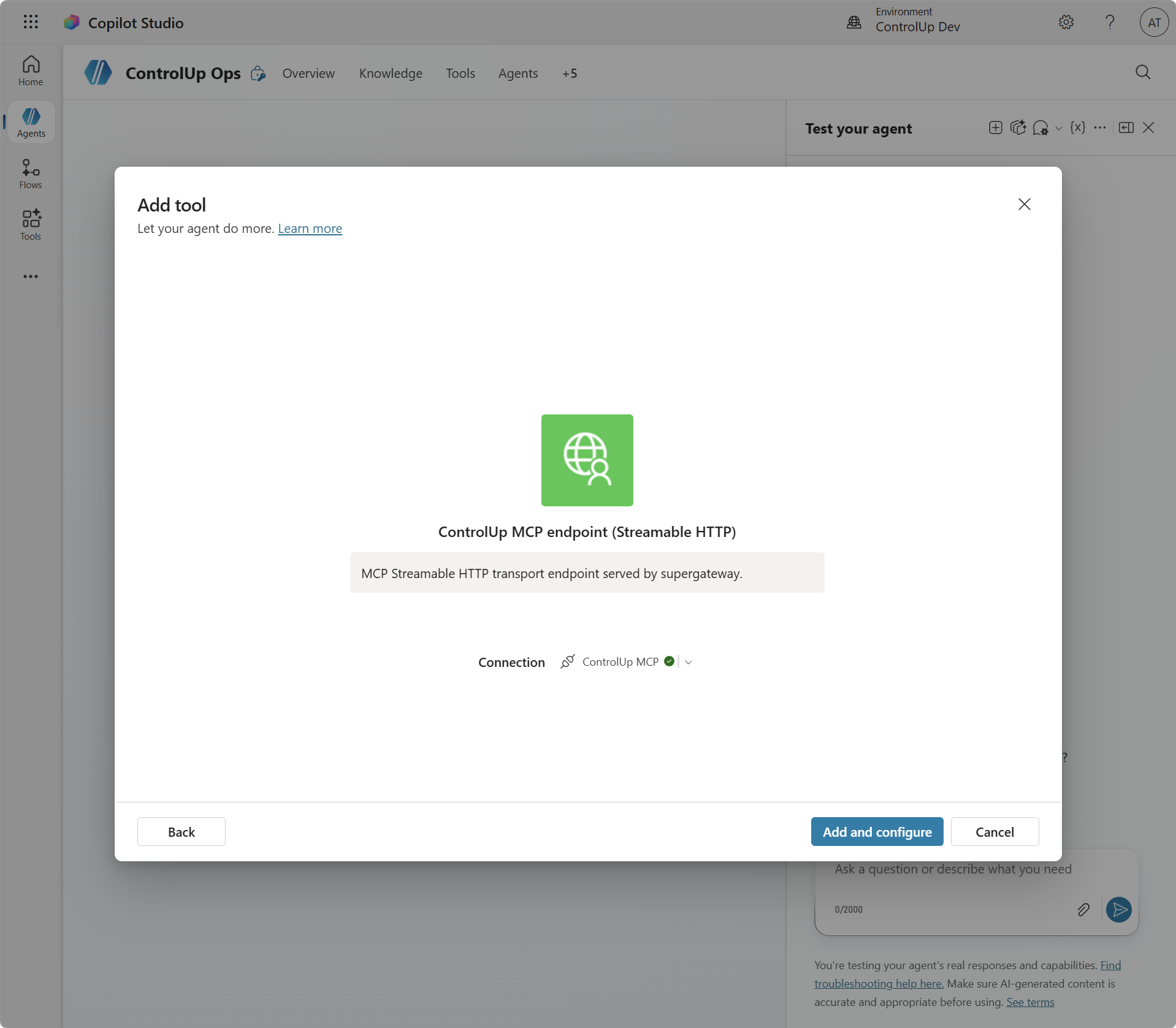 Add and configure with the ControlUp MCP connection selected