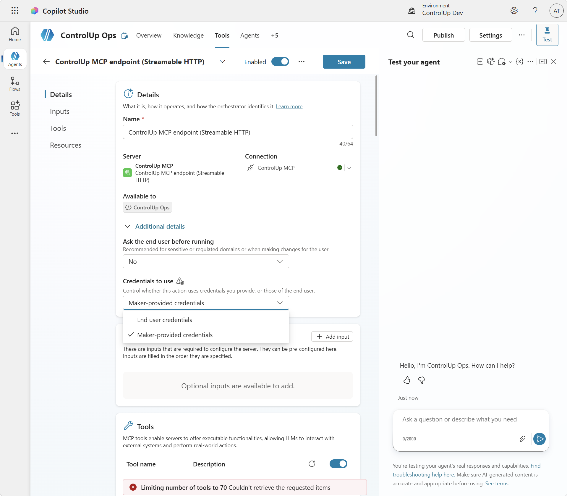 Credentials to use set to Maker-provided credentials