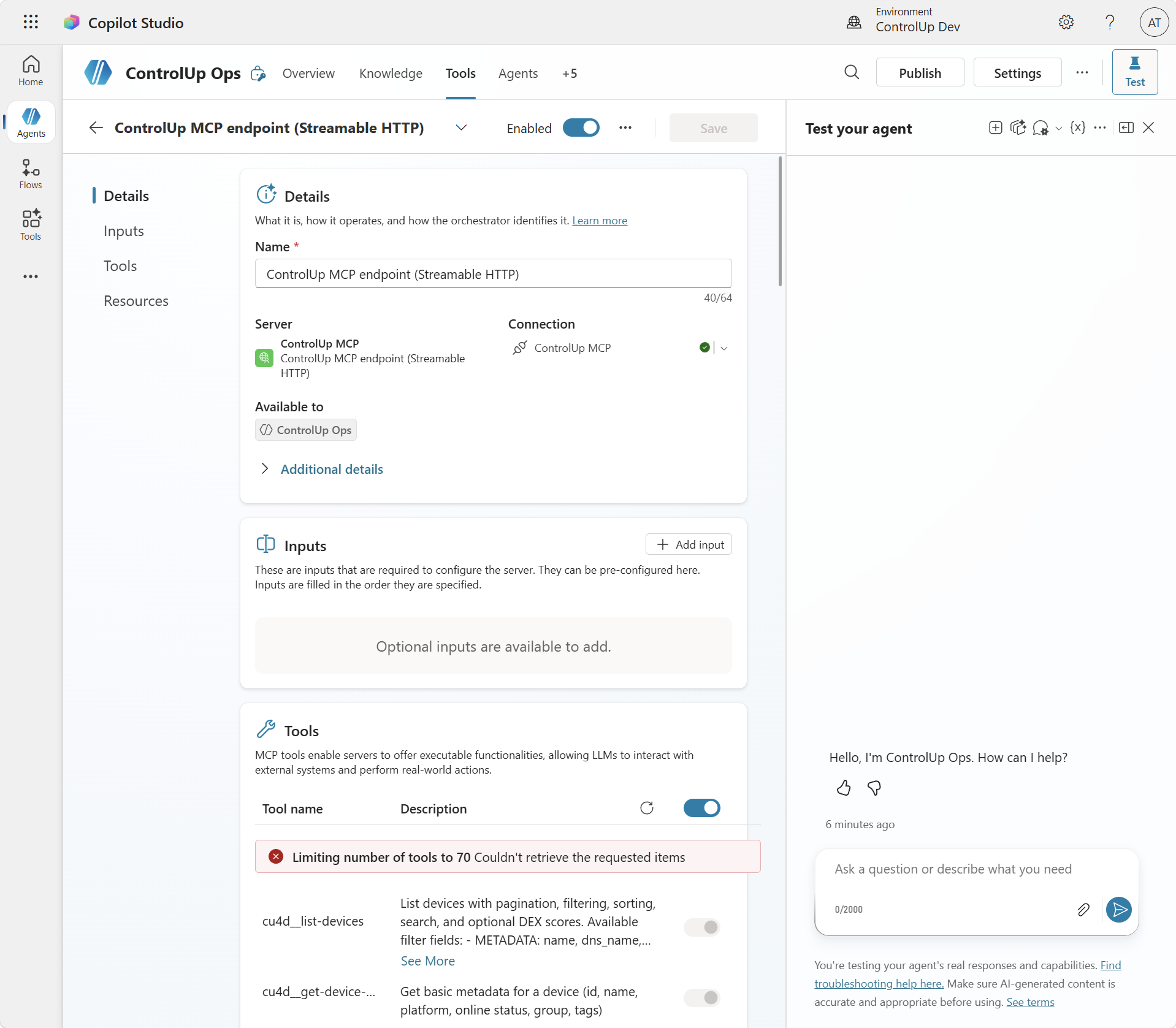 ControlUp MCP tools enumerated in Copilot Studio