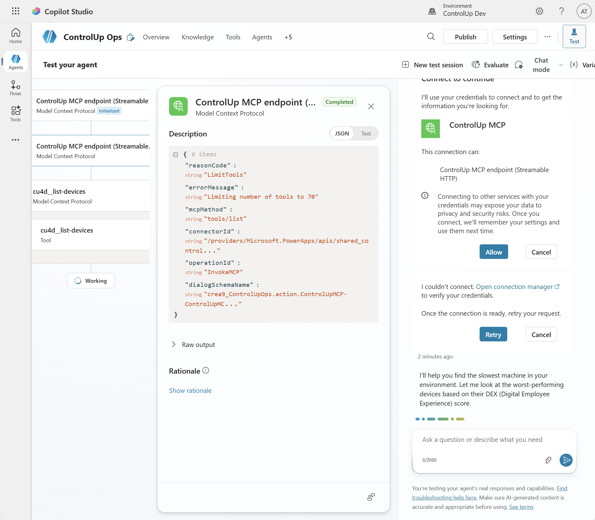 Copilot Studio agent calling the ControlUp cu4d__list-devices MCP tool and answering with DEX data