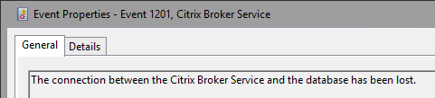 the connection between the Citrix Broker Service and the database has been lost