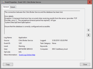 Event id equals to 1201 Log is Application Source is Citrix Broker Service Type equals to Warning
