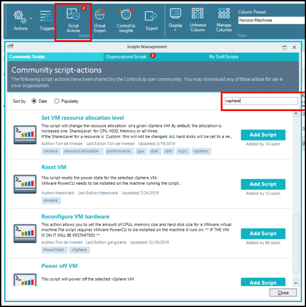 vSphere script actions