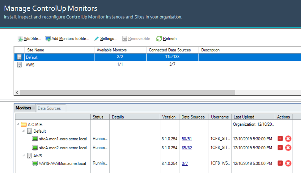 ControlUp Monitor clusters divided into sites.