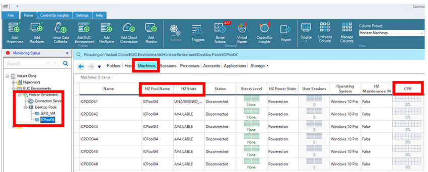 Expand EUC Environments to see Horizon Connection server(s) and desktop pool(s) listed