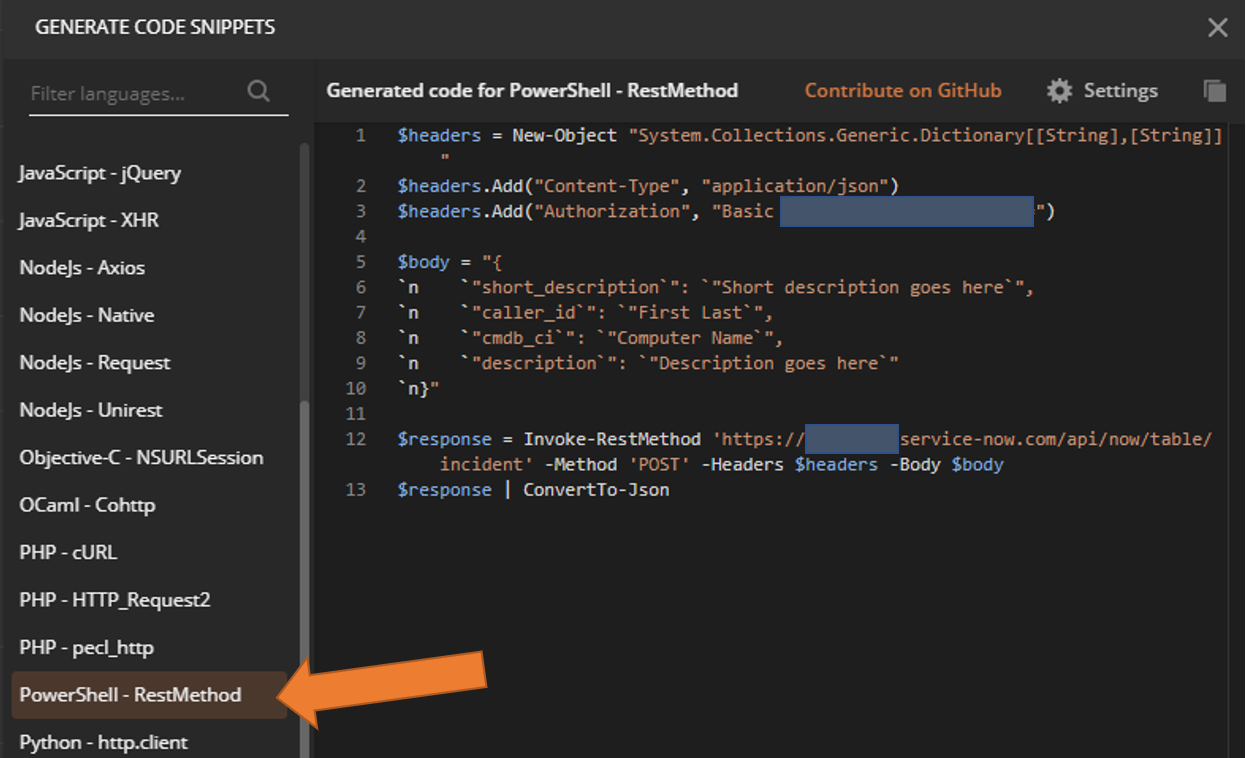 Generate Code Snippets window in Postman