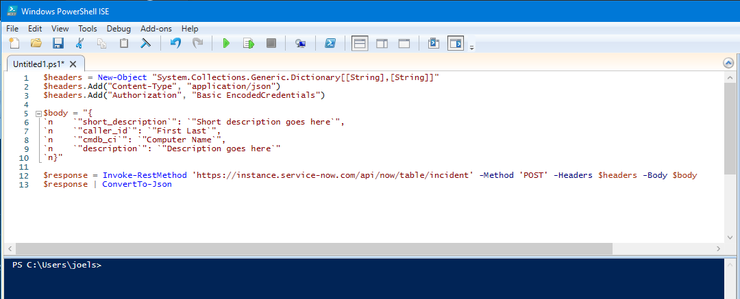 Script copied into PowerShell ISE