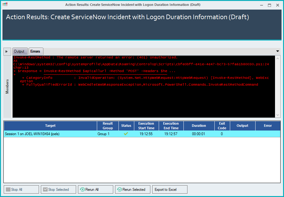 Example of Errors Tab when using incorrect credentials (401 Unauthorized) 