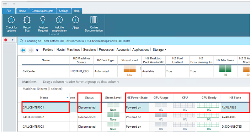 It will show metrics under the CPU Ready column, which come from the hypervisor, as well as the HZ State column