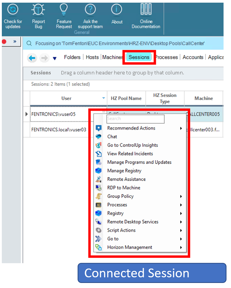 Perform actions such as Chat, Manage Programs and Updates, view the users processes, log the user off, etc.