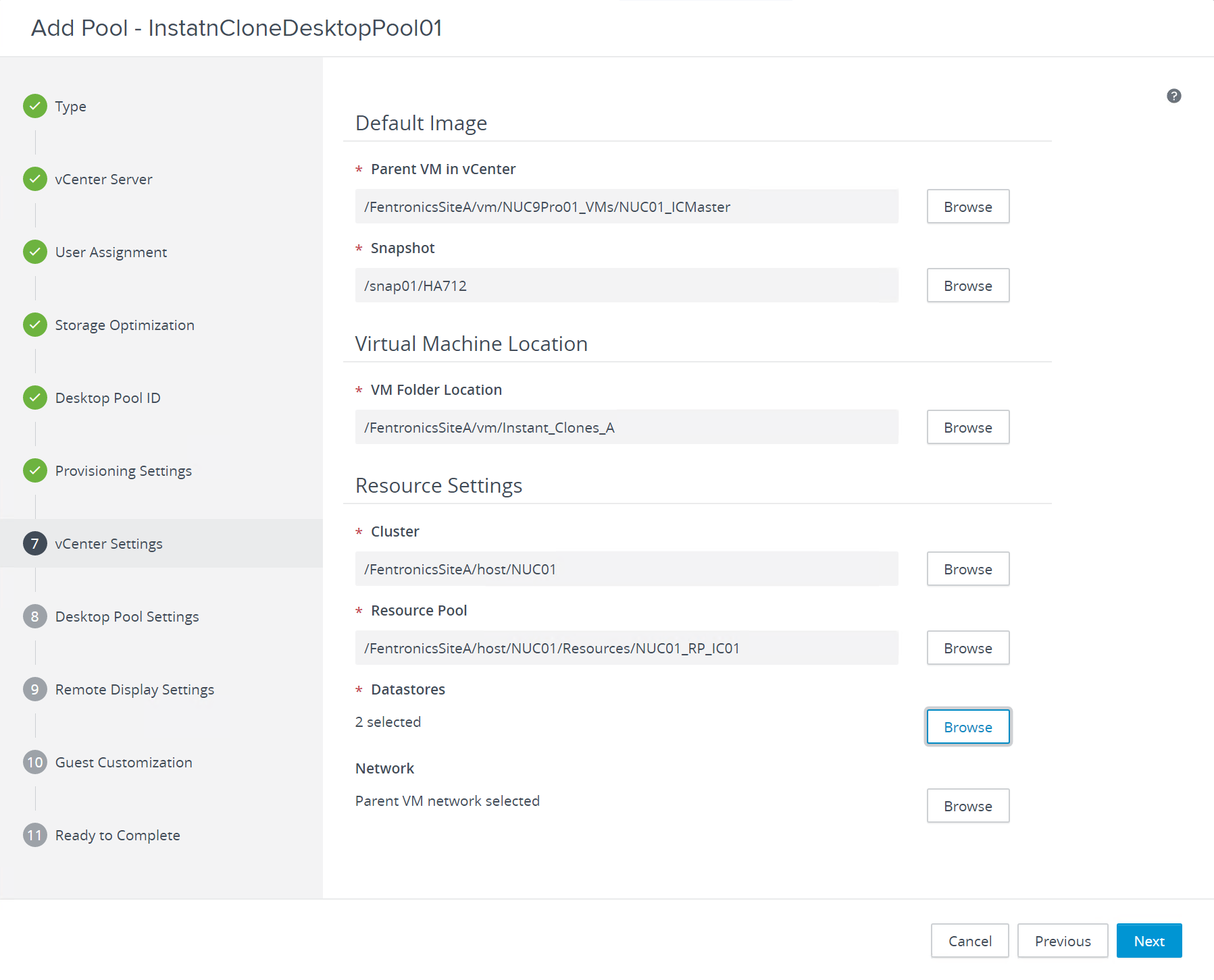 specify the master image, snapshot, compute cluster, and datastores