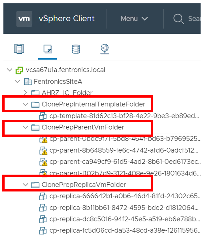 vSphere Client cp-template, cp-parent, and cp-replica VMs