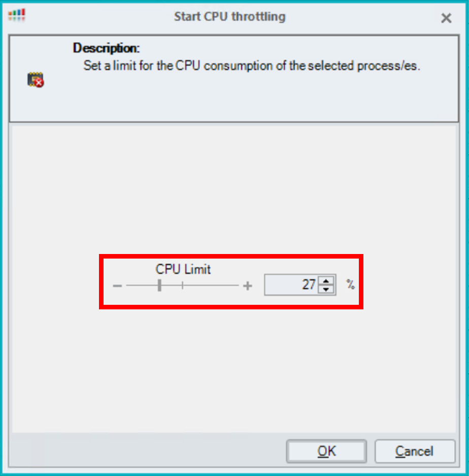 The Start CPU Throttling option will set a limit for the CPU consumption of the process.