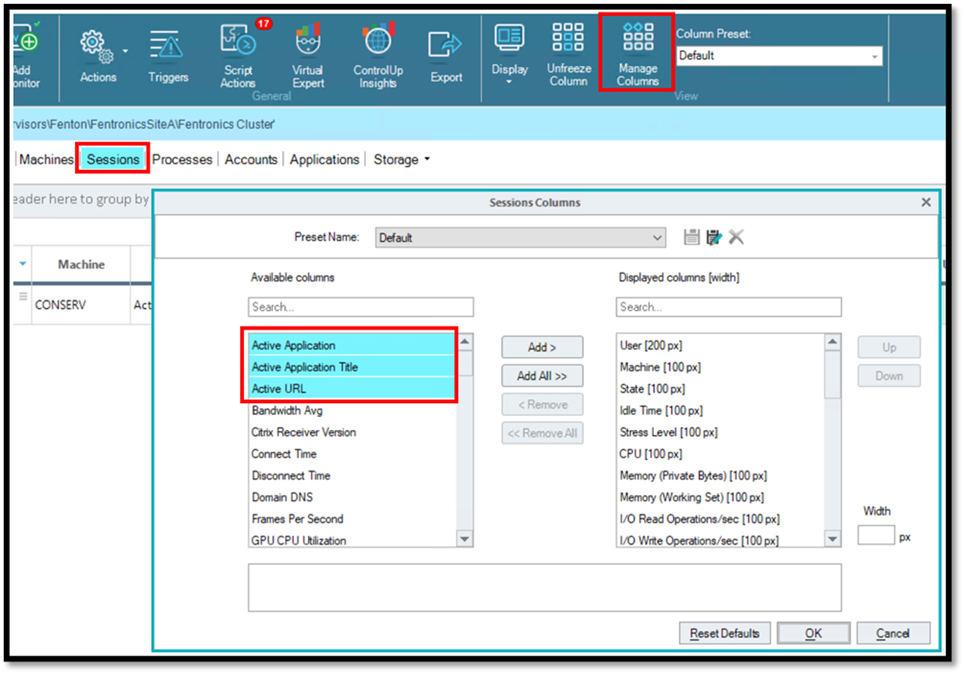 Under Manage Columns, move from Available Columns to Displayed Columns