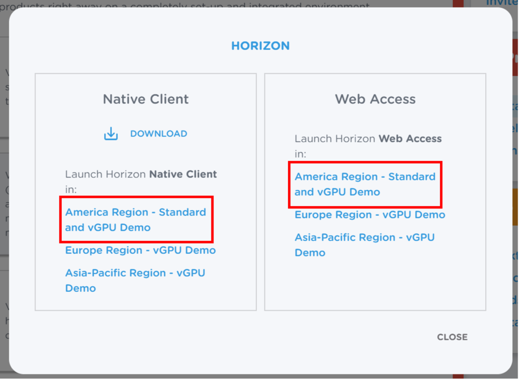 Standard and vGPU Demo under either the Horizon Client or Web Access lists