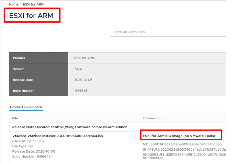 download the ESXi on ARM iso image from VMware