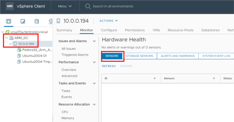 Sensor data from the Pi is not reported by the vSphere Client