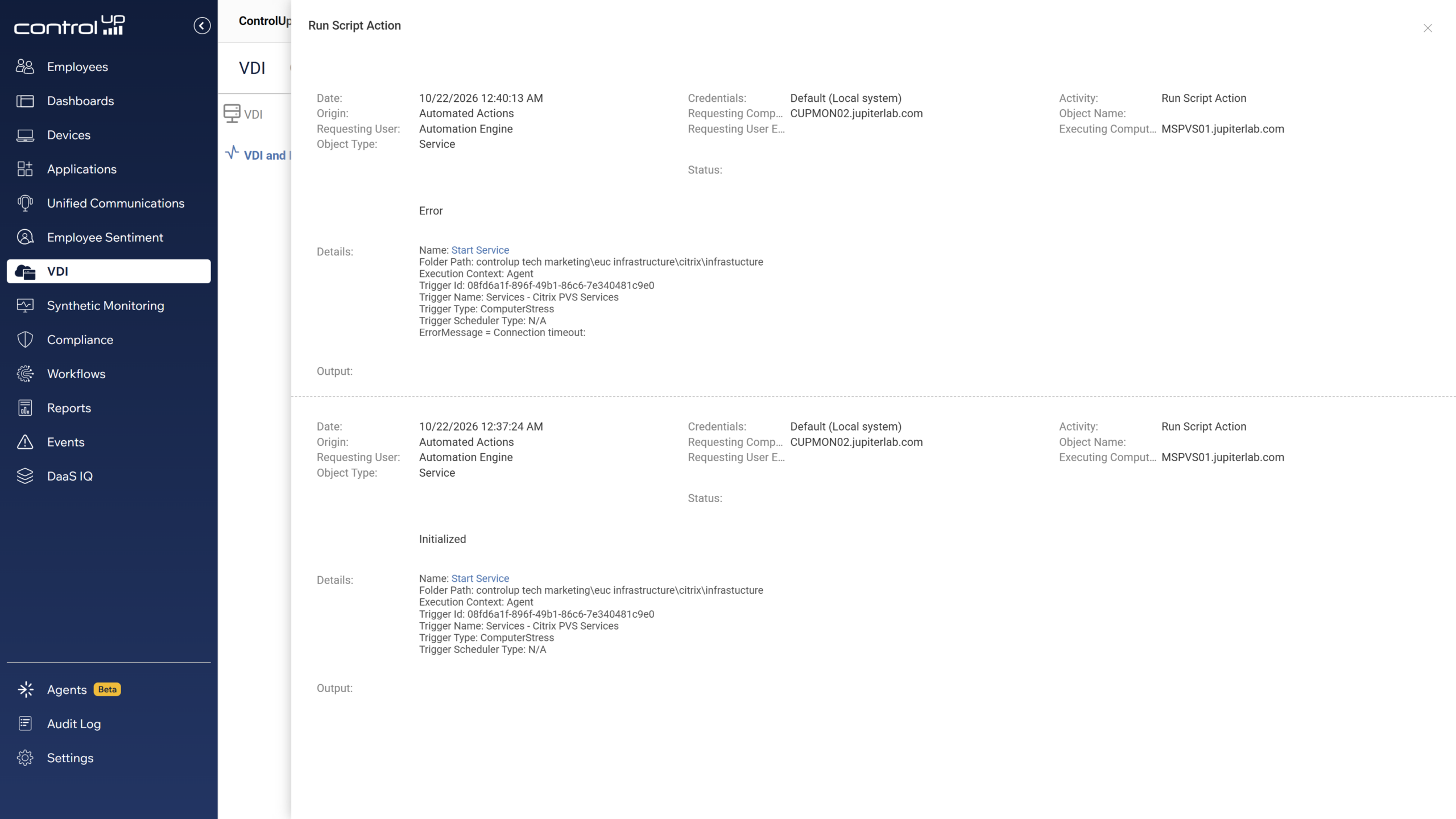 Result of automated action to restart a service