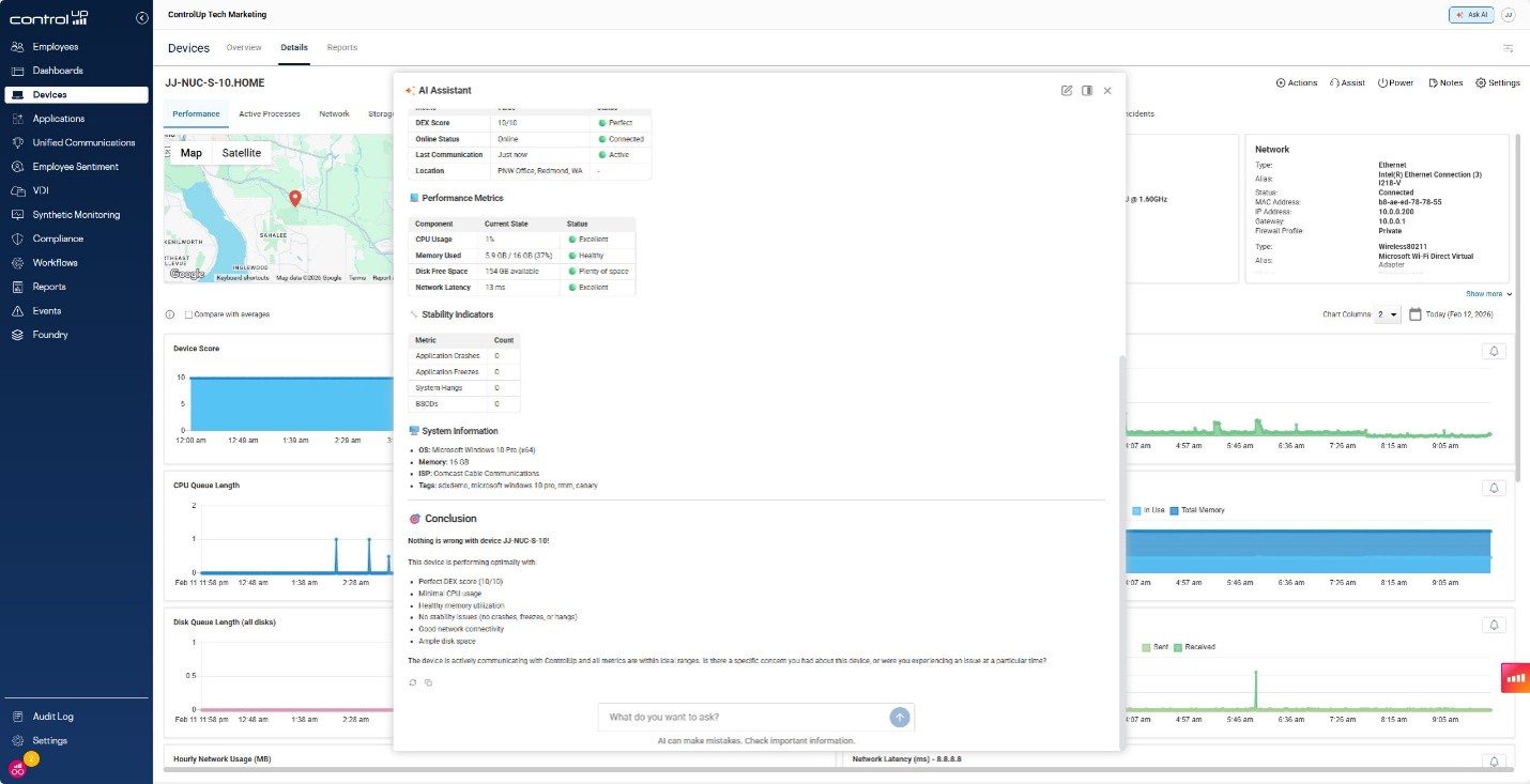 Screenshot of the ControlUp platform's Devices > Details view with an AI Assistant panel open over the JJ-NUC-S-10.HOME device page. The panel shows a Performance Metrics table (DEX Score 10/10 Perfect, Online Status Connected, CPU Usage 1% Excellent, Memory Used 5.9 GB/16 GB Healthy, Disk Free Space 154 GB Plenty of space, Network Latency 13 ms Excellent), a Stability Indicators table with zero counts for Application Crashes, Application Freezes, System Hangs, and BSODs, and a System Information section listing OS (Microsoft Windows 10 Pro x64), Memory (16 GB), ISP (Comcast Cable Communications), and tags. A Conclusion section states the device is performing optimally, citing a perfect DEX score, minimal CPU usage, healthy memory utilization, no stability issues, good network connectivity, and ample disk space, followed by a prompt asking if the user has a specific concern. Behind the panel, the underlying Devices dashboard shows charts for Device Score, CPU Queue Length, Disk Queue Length, network details, and hourly network usage.
