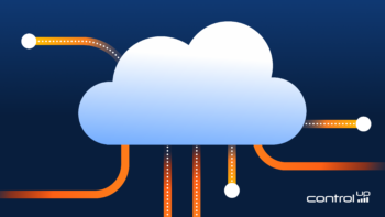 Illustration of a white cloud with orange pathways leading out and away from it to convey a cloud migration