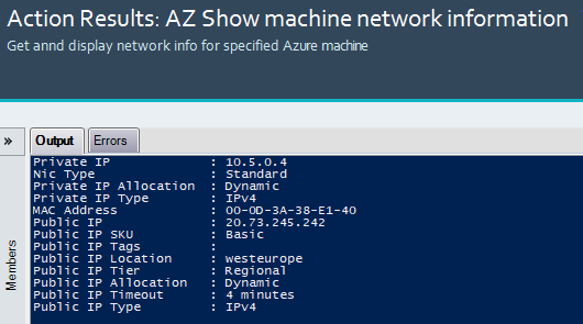 Action Results: Show Machine Network Information
