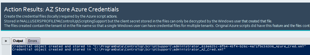 Action Results: AZ Store Microsoft Azure Credentials