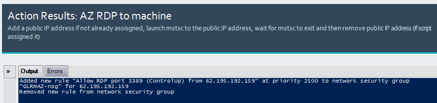 Action Results: AZ RDP to Machine