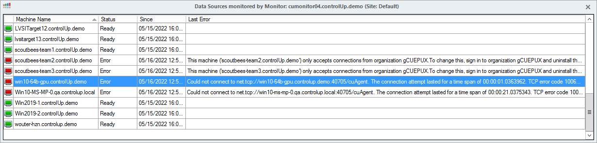 As shown in the screenshot below, the monitor is not able to connect to the agent running on win10-64b-cpu.controlUp.demo. 