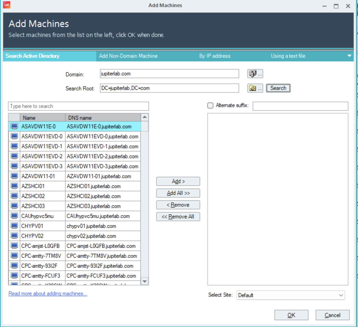 Image of a screen showing how to add machines via Active Directory in ControlUp for VDI 