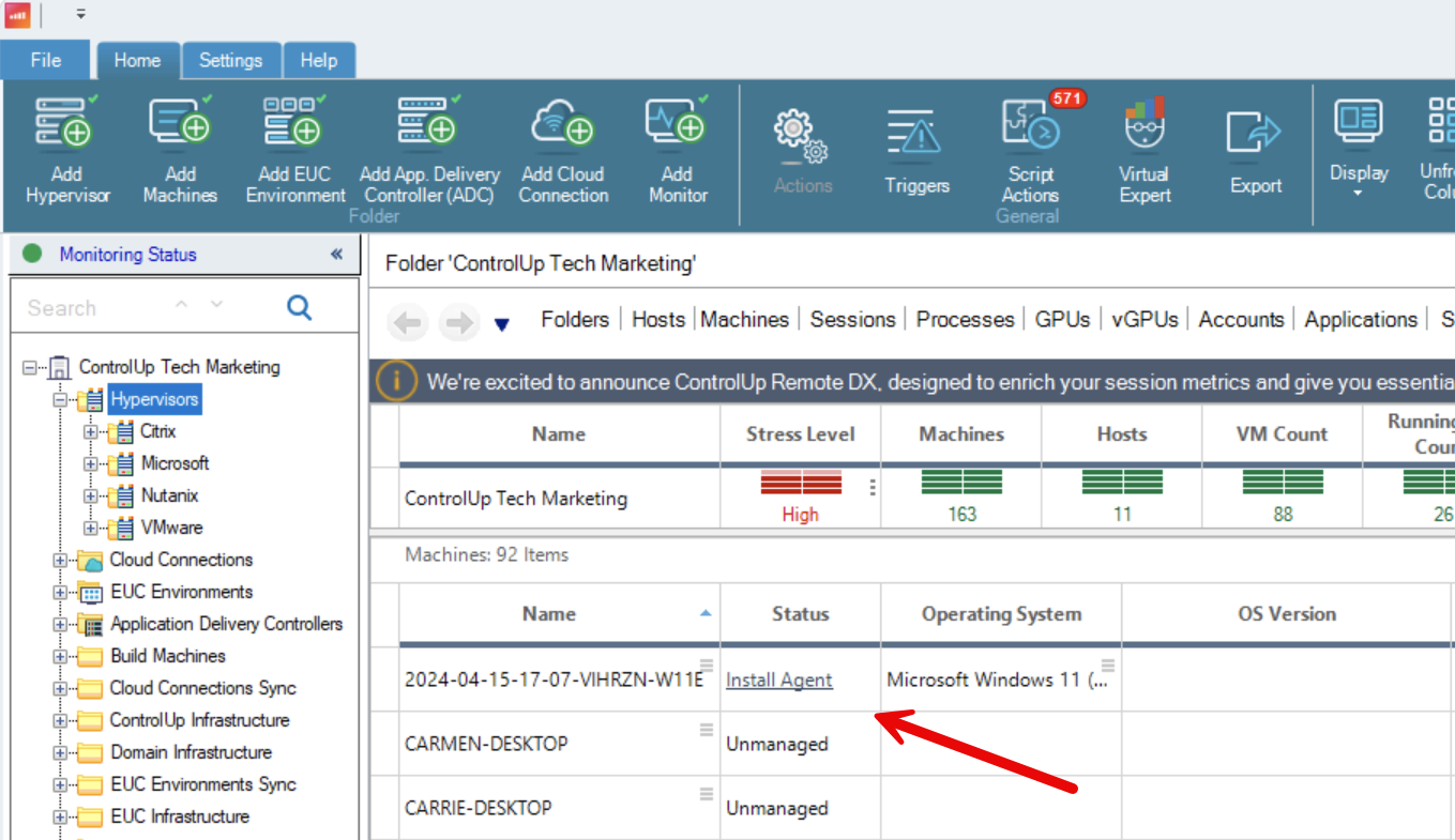 A screen showing installing the ControlUp agent from the management console