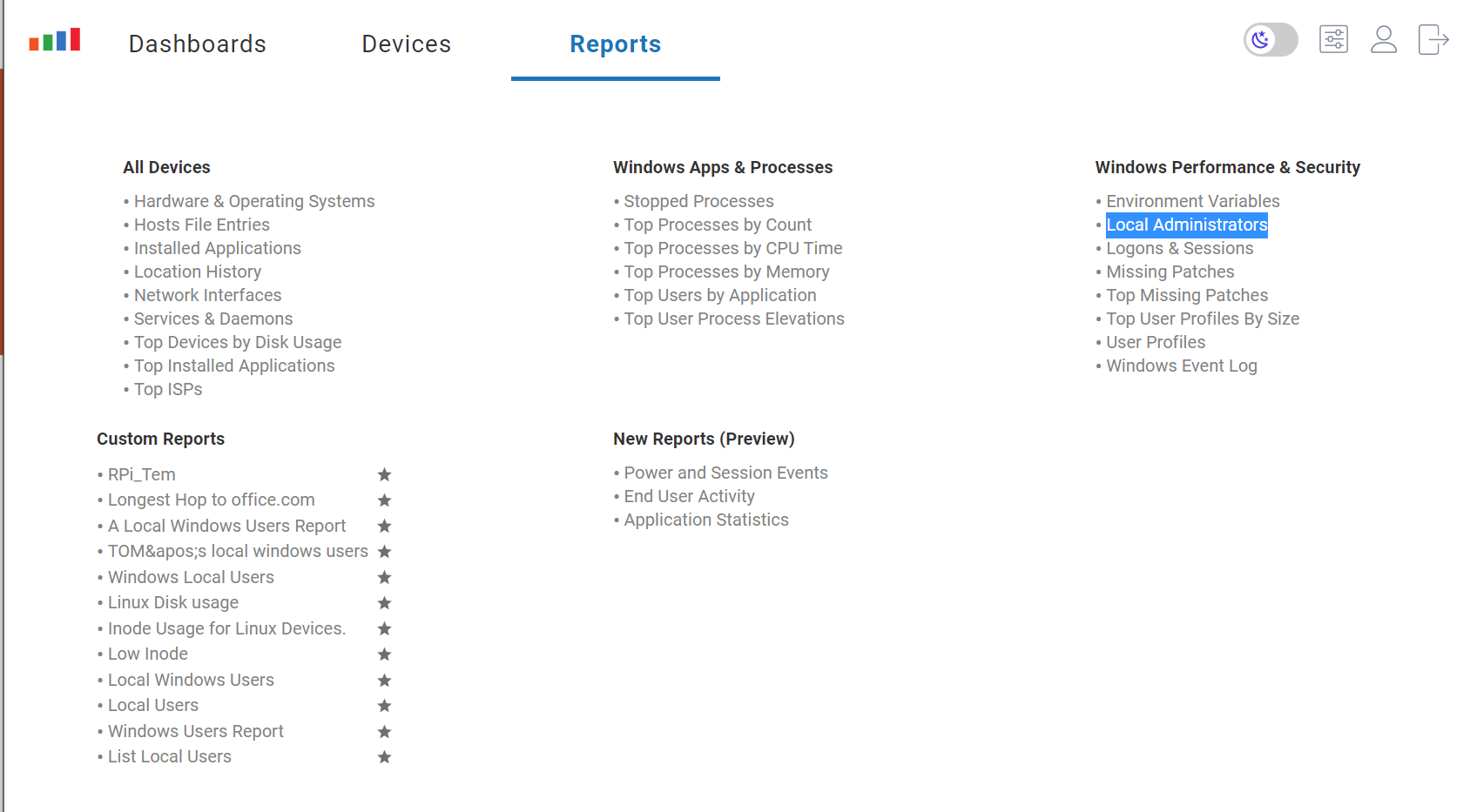 Reports tab in ControlUp for Desktops