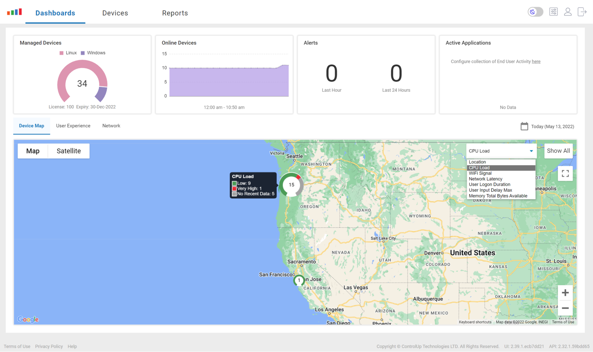 This is a screen shot of the map drop-down menu in ControlUp for Desktops.