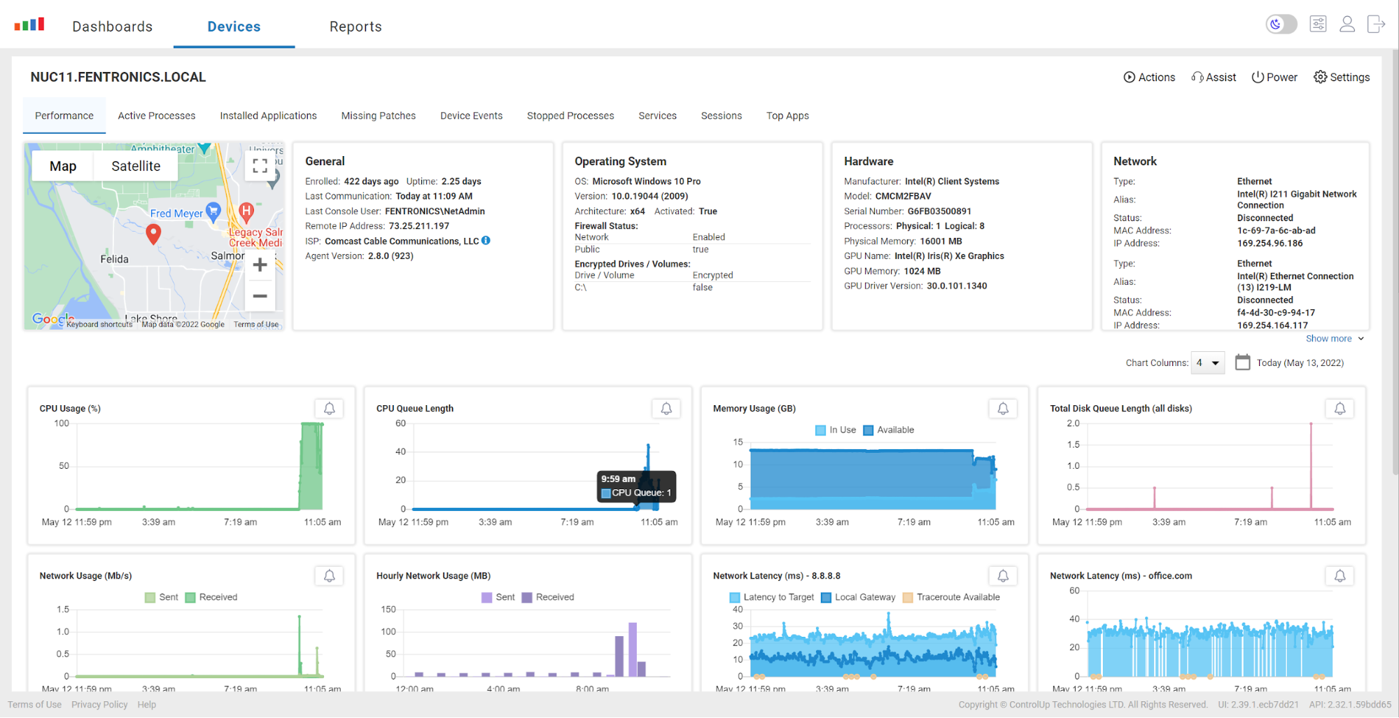Hovering over the graph in ControlUp for Desktops shows when CPU "hogging" began.