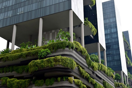 Urban building with plants and vibes cascading over the sides