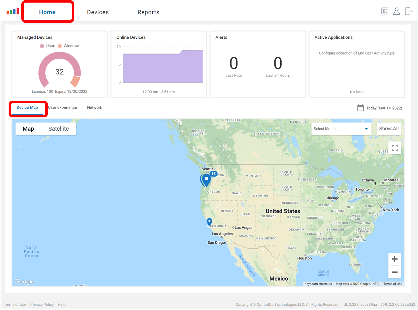 On the Device Map widget, you’ll see the location of the devices in your environment.