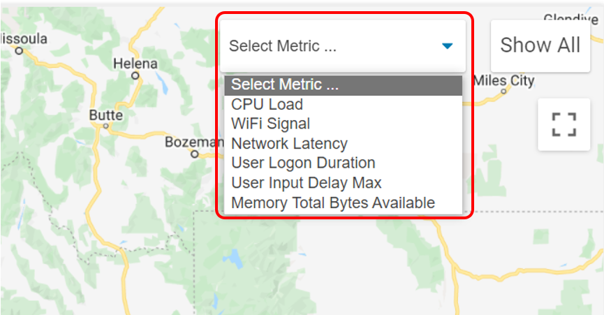 Select Metric drop-down menu in ControlUp for Physical Endpoints & Apps