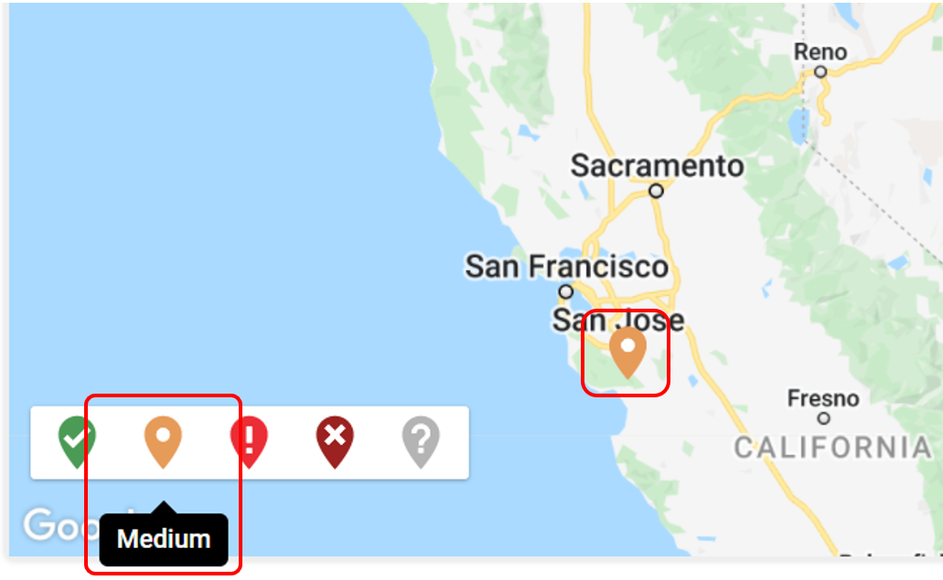 In this case, Network Latency was selected and a device located in California had an orange pin, which is a medium health indicator.