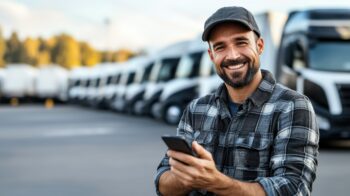 Smiling male truck driver wearing a baseball hat using a cell phone in a parking lot with semi-trucks in the background