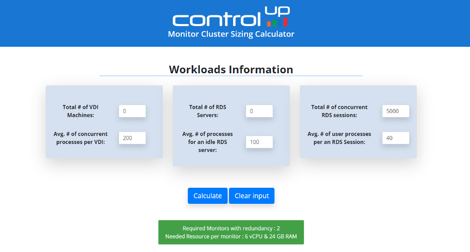 ControlUp Monitor Cluster sizing calculator