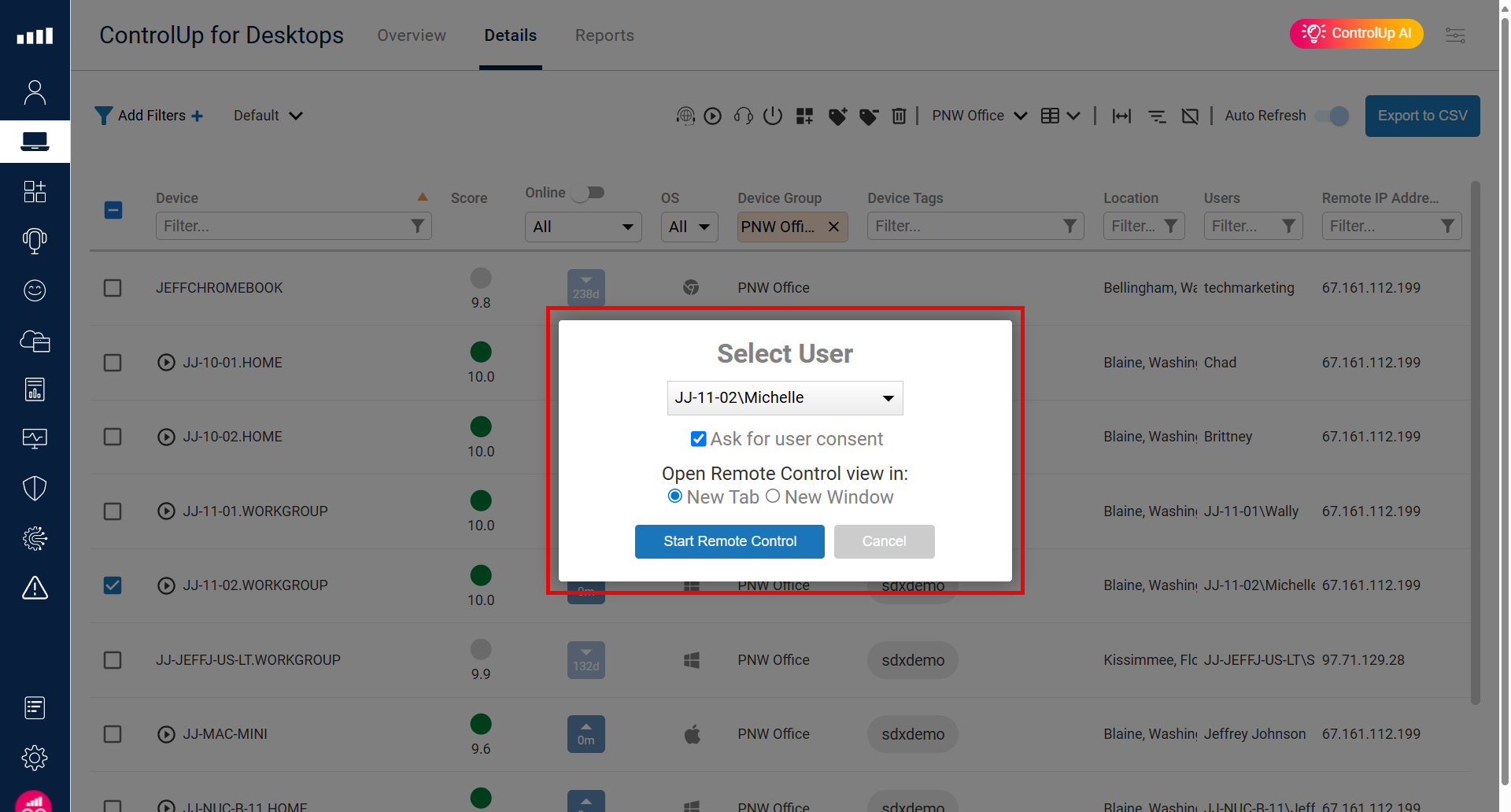 A screenshot of the "ControlUp for Desktops" application, similar to the previous image. The main table of devices is visible, with a row for "JJ-11-02.WORKGROUP" selected. A new dialog box, titled "Select User," is centered on the screen and outlined in red.The dialog box contains a dropdown menu labeled "JJ-11-02\\Michelle" and a checkbox for "Ask for user consent," which is checked. Below this, there's a section titled "Open Remote Control view in:", with two radio buttons: "New Tab" and "New Window." "New Tab" is selected. The dialog box also has two buttons at the bottom: "Start Remote Control" and "Cancel." The rest of the application interface, including the device list, is visible behind the dialog box but is slightly dimmed.
