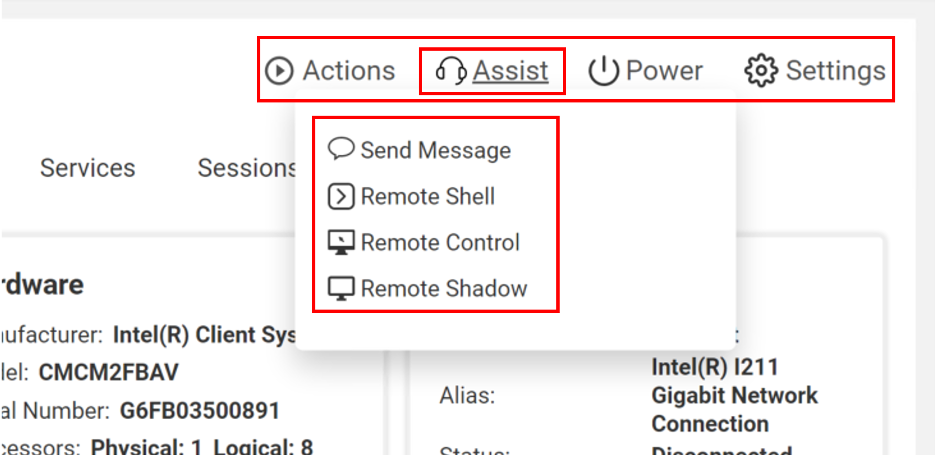 Assist menu in ControlUp for Desktops