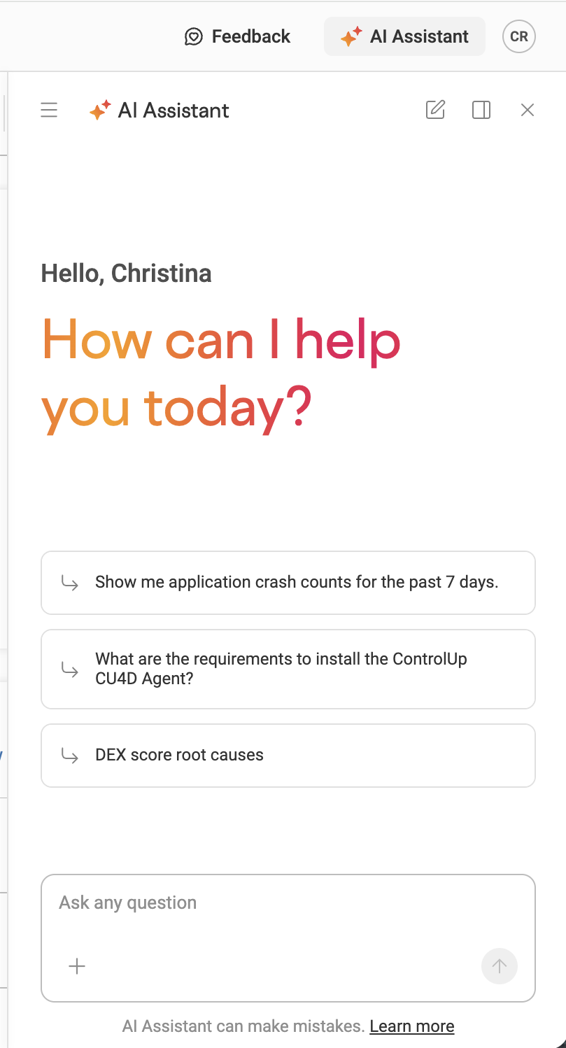 Welcome interface on ControlUp's Pulse AI Assistant greeting a user named Christina