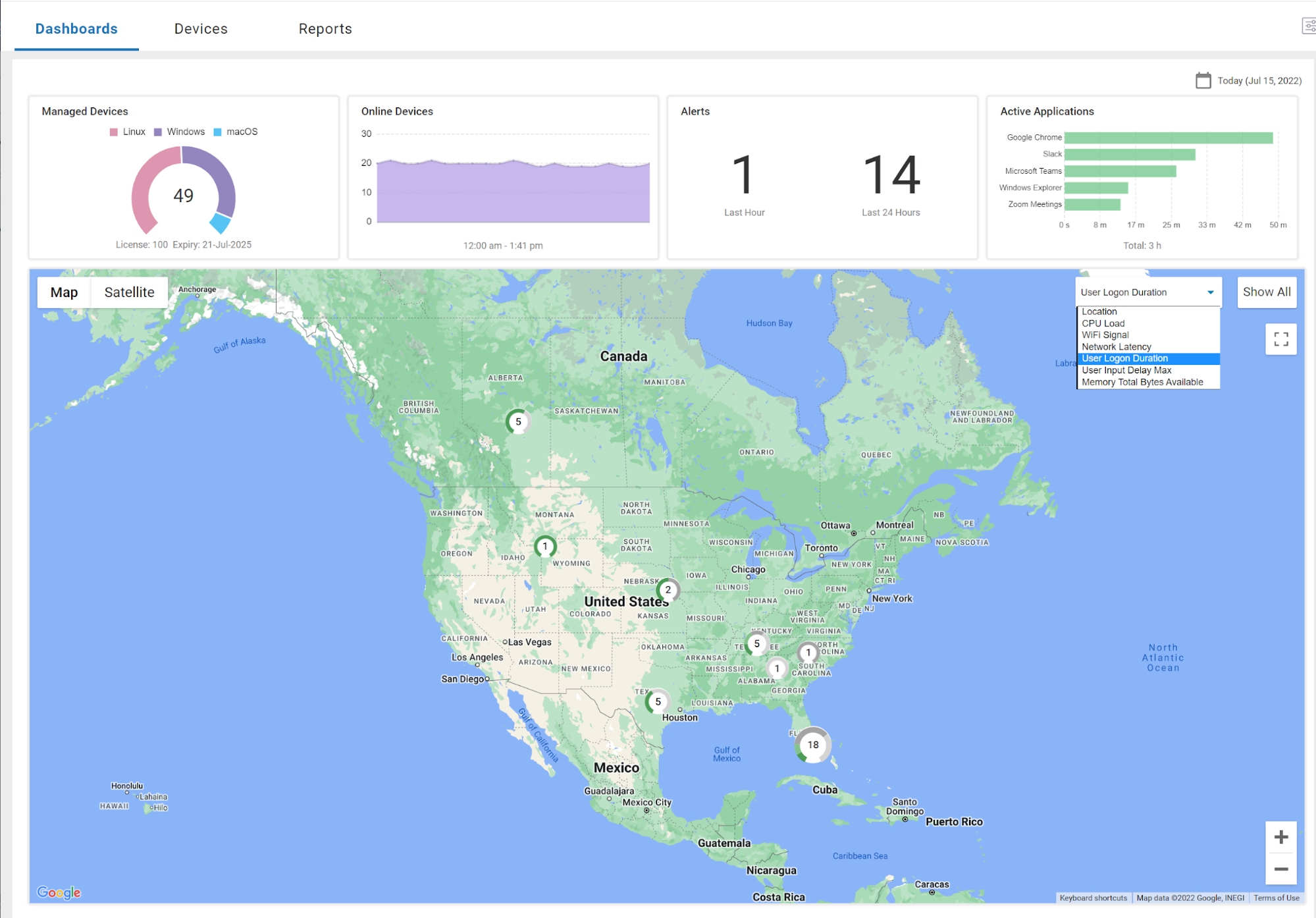 Users with slow logon times can be identified from the main dashboard by selecting User Logon Duration from the drop-down menu on the map widget.